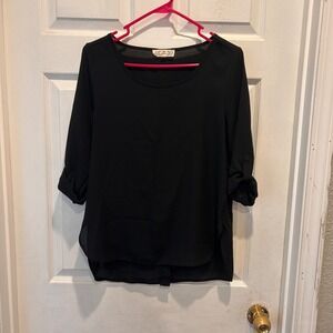 Pink Rose Black Button Back Roll Sleeve Sheer Blouse Top Womens Medium